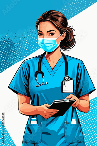 a woman in scrubs and a face mask holding a clipboard