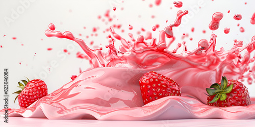  Liquid splash wave of the strawberry cream isolated on white background, Milk or yogurt splash with strawberries isolated on white background 