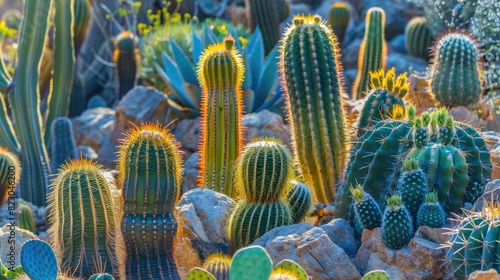 This garden is home to a diverse array of cacti, showcasing the beauty of these terrestrial plants in a natural environment. Its like a living painting of vegetation in a biome AIG50 photo