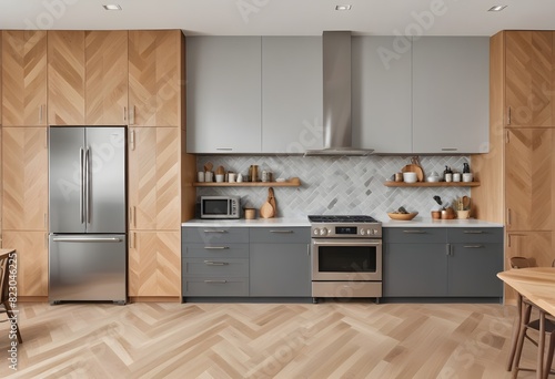 Luxury home kitchen interior with cooking cabinet and kitchenware, fridge. 3D Rendering