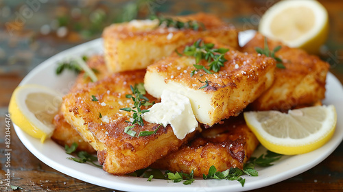 A plate of crispy and golden-fried Greek cheese saganaki, featuring kefalotyri or graviera cheese, served with a squeeze of lemon and garnished with fresh herbs.