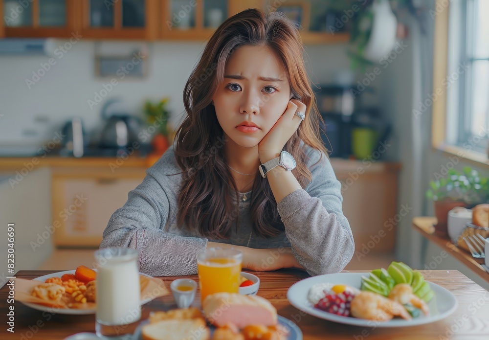 An Asian young woman practicing intermittent fasting experiences a stomach ache and struggles with hunger while eyeing breakfast food and checking her watch to see if it's time to eat. An Asian young woman practicing intermittent fasting experiences a stomach ache and struggles with hunger while eyeing breakfast food and checking her watch to see if it's time to eat.