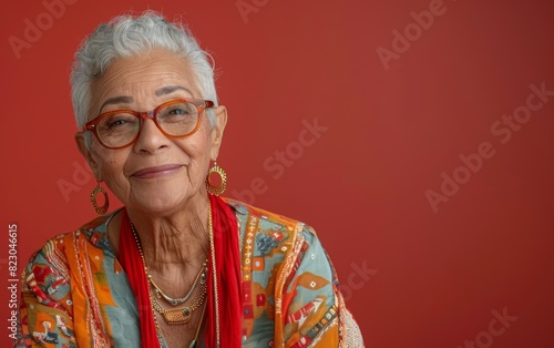 An elderly Indian woman with genderqueer presentation wearing glasses and a red scarf