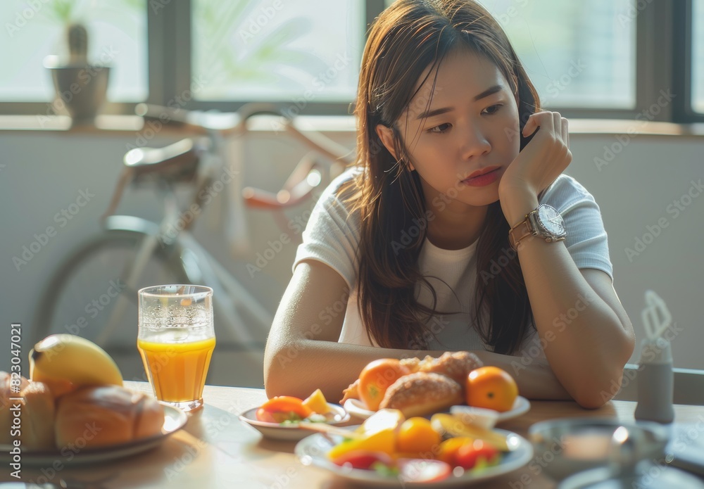 An Asian young woman practicing intermittent fasting experiences a stomach ache and struggles with hunger while eyeing breakfast food and checking her watch to see if it's time to eat. An Asian young woman practicing intermittent fasting experiences a stomach ache and struggles with hunger while eyeing breakfast food and checking her watch to see if it's time to eat.