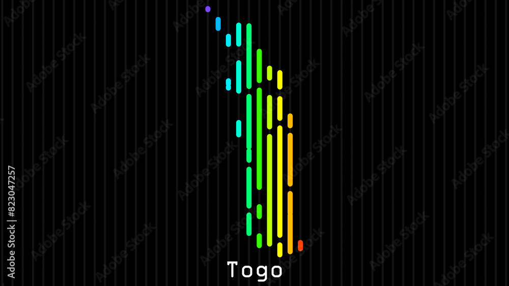 A map of Togo is presented in the form of colorful vertical lines against a dark background. The country's borders are depicted in the shape of a rainbow-colored diagram. A map of Togo is presented in the form of colorful vertical lines against a dark background. The country's borders are depicted in the shape of a rainbow-colored diagram.