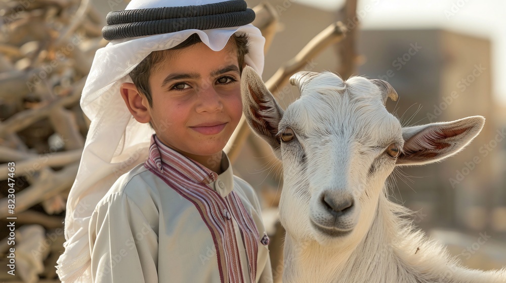 Arab child with goat, sacrificial animal for Eid al-Adha Arab child with goat, sacrificial animal for Eid al-Adha