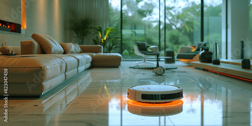 Futuristic Living Room With Smart Robotic Rolling Vacuum Cleaner, Wireless Futuristic Vacuum House Cleaner Schedule With HUD Darum Data Controls, Future Smart Home Appliances Concept, Generative AI.  photo