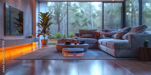 Futuristic Living Room With Smart Robotic Rolling Vacuum Cleaner, Wireless Futuristic Vacuum House Cleaner Schedule With HUD Darum Data Controls, Future Smart Home Appliances Concept, Generative AI. 
