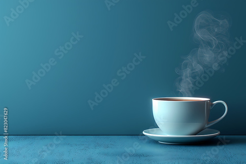 Busy Conference Room with Pastel Blue Background and Blue Cups photo
