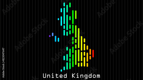 A map of United Kingdom is presented in the form of colorful vertical lines against a dark background. The country's borders are depicted in the shape of a rainbow-colored diagram.