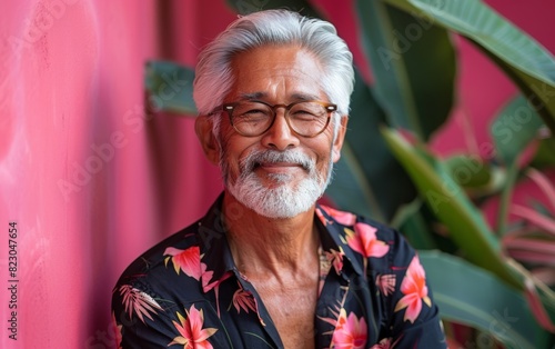 Elderly Southeast Asian trans male wearing glasses and a colorful floral shirt photo