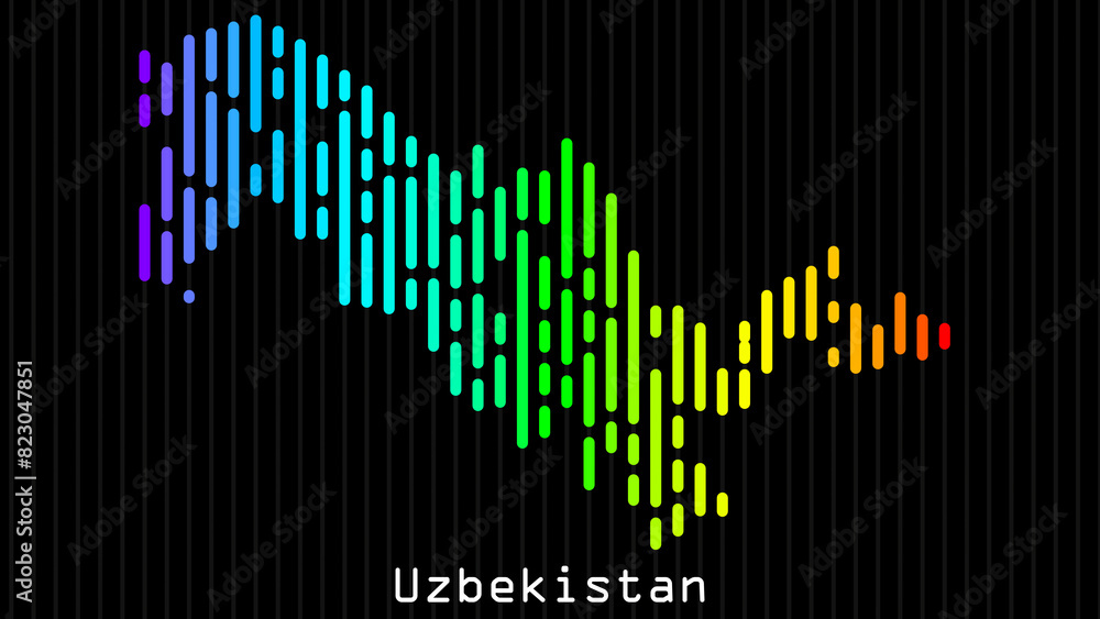 A map of Uzbekistan is presented in the form of colorful vertical lines against a dark background. The country's borders are depicted in the shape of a rainbow-colored diagram. A map of Uzbekistan is presented in the form of colorful vertical lines against a dark background. The country's borders are depicted in the shape of a rainbow-colored diagram.