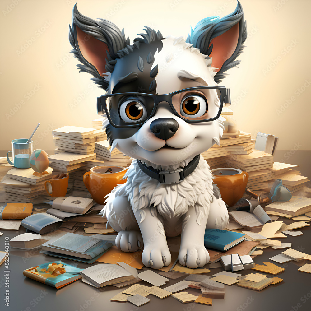 Cute cartoon dog with glasses sitting on the floor surrounded by books Cute cartoon dog with glasses sitting on the floor surrounded by books