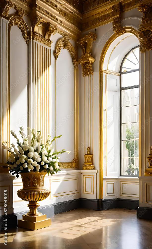 The white wall is decorated with golden baroque details and arched doors and windows. Floor to ceiling windows The white wall is decorated with golden baroque details and arched doors and windows. Floor to ceiling windows