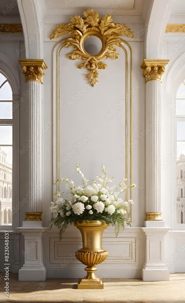 The white wall is decorated with golden baroque details and arched doors and windows. Floor to ceiling windows The white wall is decorated with golden baroque details and arched doors and windows. Floor to ceiling windows