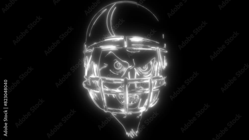 Snarling American Football Devil Demon Mascot on Football Helmet in neon style Snarling American Football Devil Demon Mascot on Football Helmet in neon style