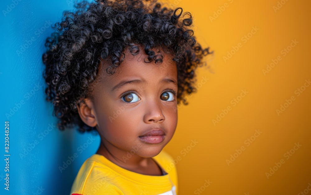 Close up view of a toddler with curly hair, of East African descent, looking directly at the camera Close up view of a toddler with curly hair, of East African descent, looking directly at the camera