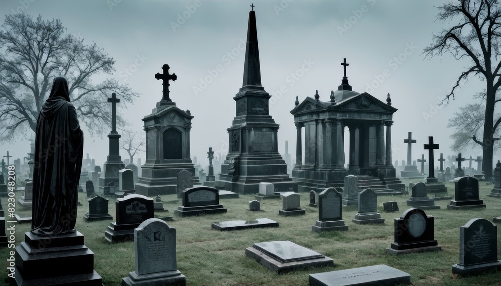 An expansive view of a tranquil cemetery with various tombstones and mausoleums under a gloomy, overcast sky.. AI Generation An expansive view of a tranquil cemetery with various tombstones and mausoleums under a gloomy, overcast sky.. AI Generation