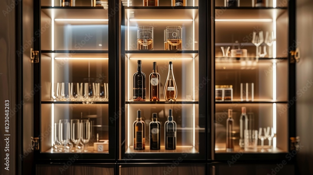 Close-up of a modern luxury cabinet with glass doors, well-arranged selection of items inside, isolated background with studio lighting, elegant and stylish for advertising Close-up of a modern luxury cabinet with glass doors, well-arranged selection of items inside, isolated background with studio lighting, elegant and stylish for advertising