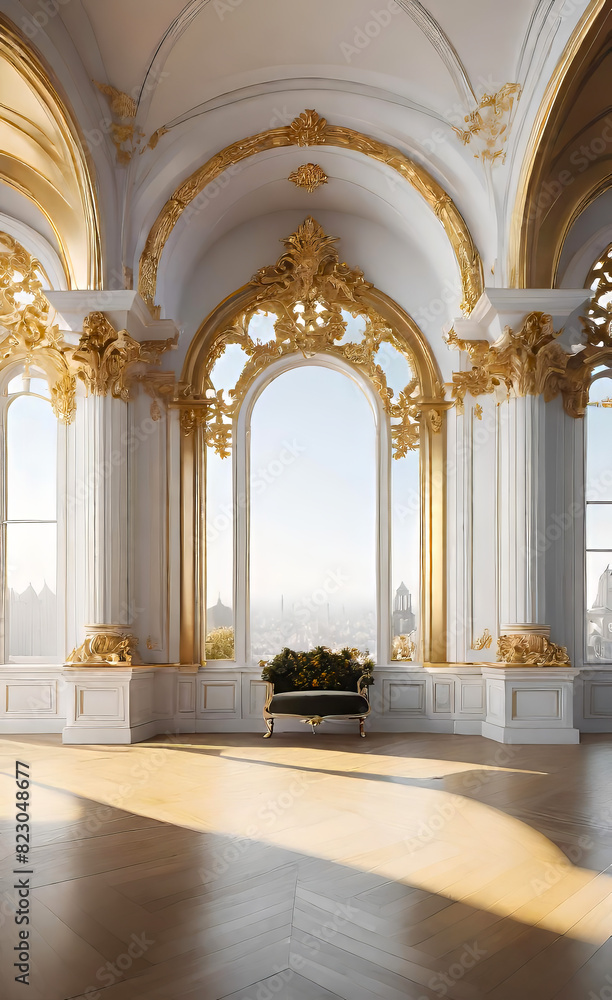 The white wall is decorated with golden baroque details and arched doors and windows. Floor to ceiling windows