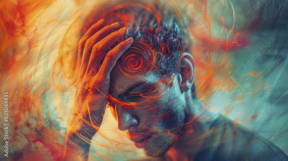 Feeling Dizzy A person with a hand on their head, spirals around their head indicating dizziness close up, focus on face disorientation surreal, Manipulation, abstract background