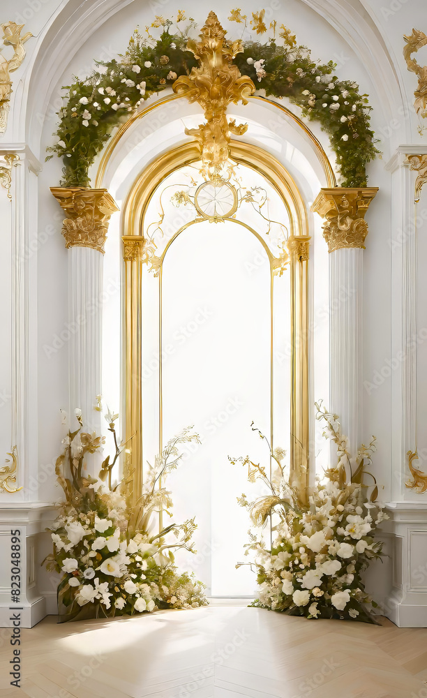 The white wall is decorated with golden baroque details and arched doors and windows. Floor to ceiling windows The white wall is decorated with golden baroque details and arched doors and windows. Floor to ceiling windows