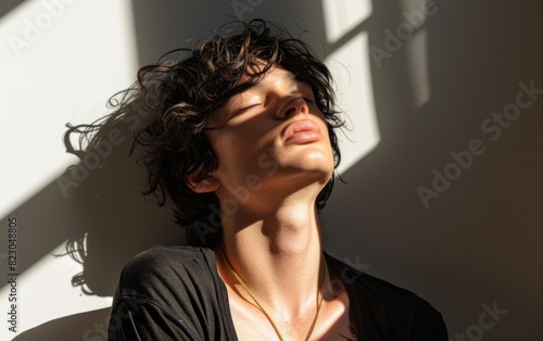 Caucasian adult man with eyes shut, hair fluttering in the wind