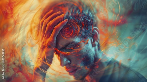 Feeling Dizzy A person with a hand on their head, spirals around their head indicating dizziness close up, focus on face disorientation surreal, Manipulation, abstract background photo
