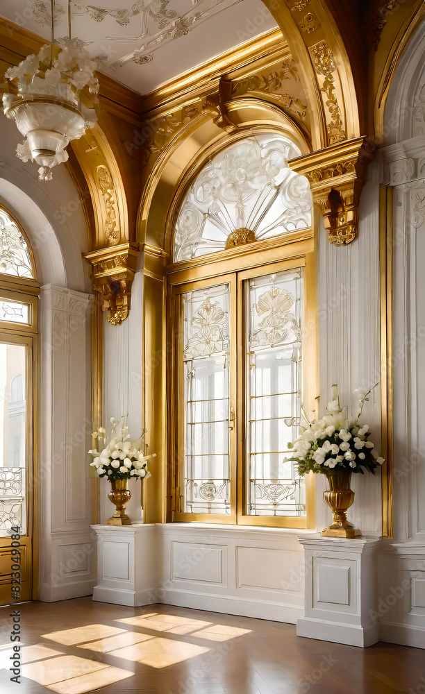 The white wall is decorated with golden baroque details and arched doors and windows. Floor to ceiling windows The white wall is decorated with golden baroque details and arched doors and windows. Floor to ceiling windows