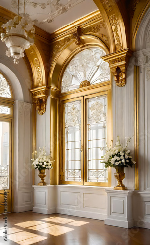 The white wall is decorated with golden baroque details and arched doors and windows. Floor to ceiling windows