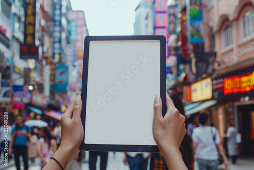 Custom-shaped blank digital frame displayed by a woman's hands in a bustling street. photo