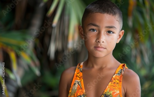 A young boy, transgender and of Micronesian descent, stands in a swimsuit in front of tall palm trees