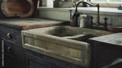 Close-up of a farmhouse sink design in a vintage kitchen  showcasing the large  exposed front panel and deep basin  perfect for a rustic aesthetic