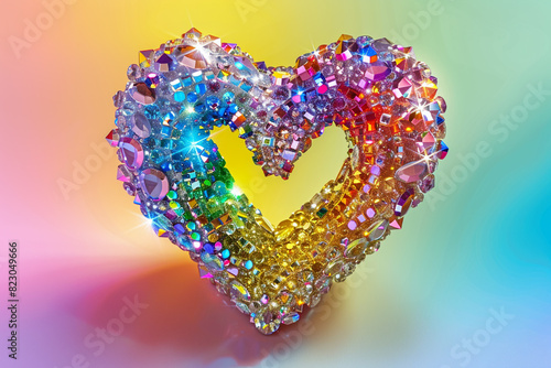 A heart crafted from rainbow-colored gemstones  luxurious and sparkling  against a gradient background that transitions through rainbow colors.