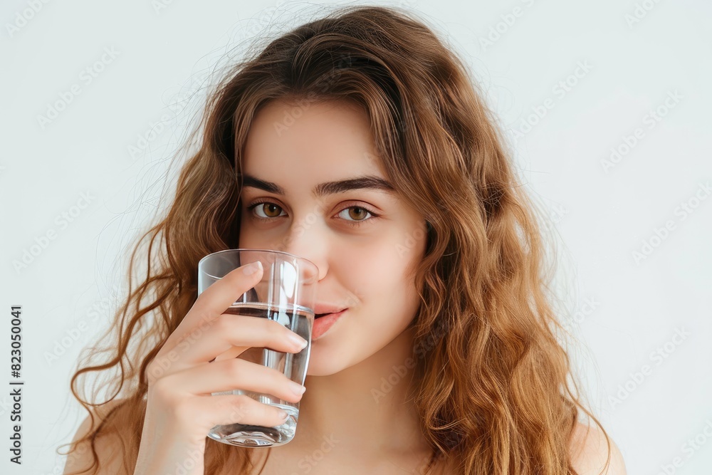 young women drinking water in white background young women drinking water in white background