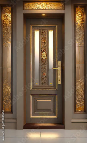 A quality wooden door with a taupe finish and two warm toned moldings for a modern look. Door handle  front door design