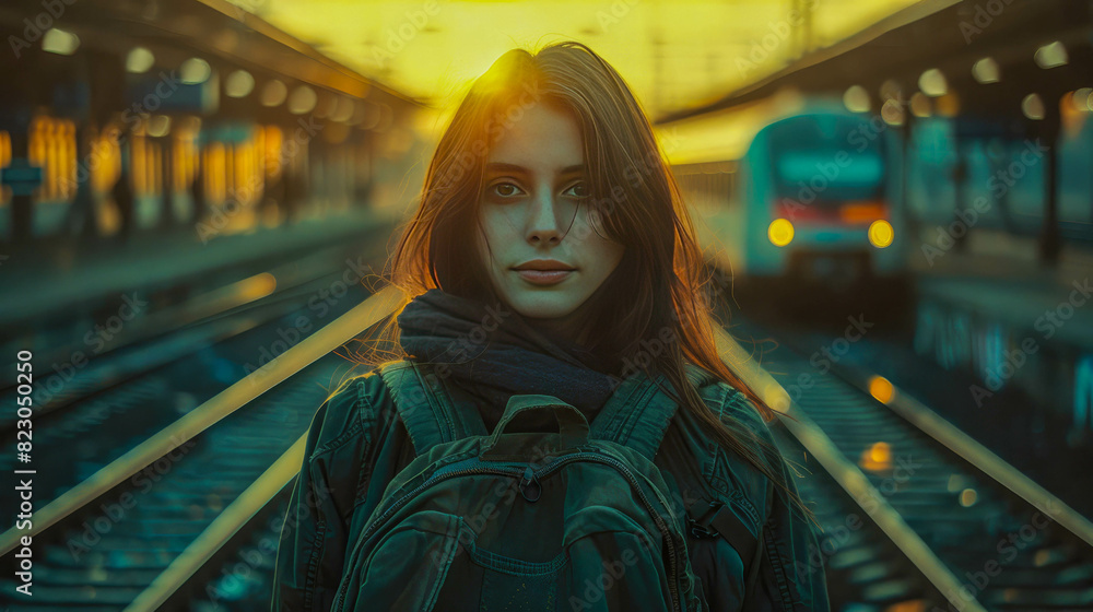 Traveler woman waiting train at railway station at sunset, rear view Traveler woman waiting train at railway station at sunset, rear view