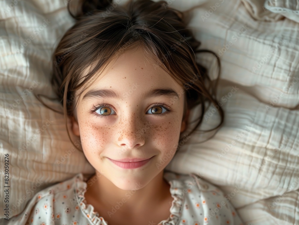 The little girl lay in bed, looking at the camera The little girl lay in bed, looking at the camera