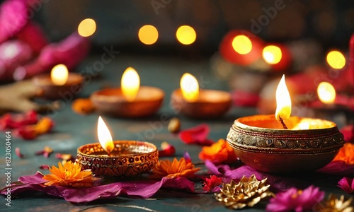 Happy Diwali - Clay Diya lamps lit during Diwali  Hindu festival of lights celebration