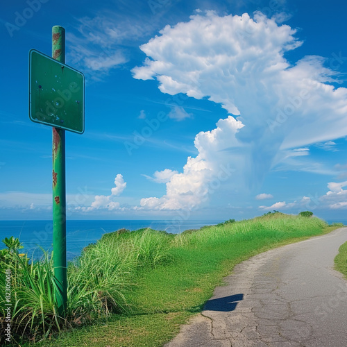 Narrow green road sign on a coastal curve, oceanic blue sky and bright grass. photo