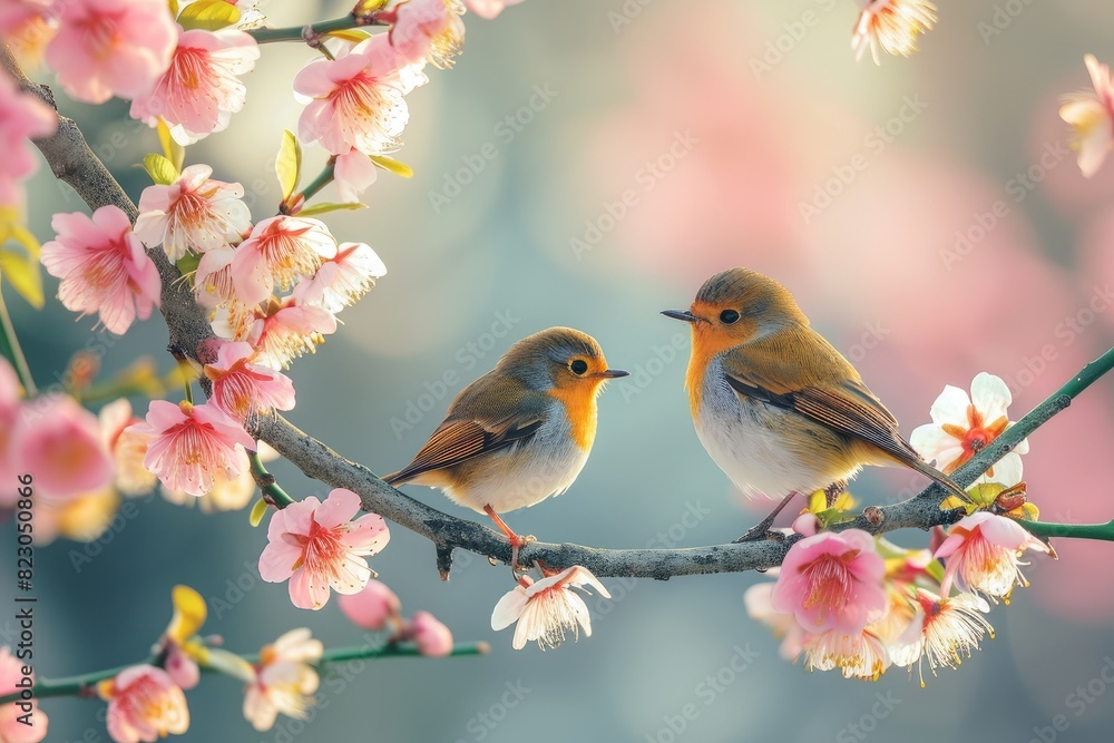 Chirpy birds on flowering branches, High quality birds photography on spring