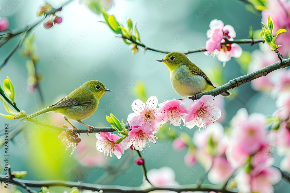 Chirpy birds on flowering branches, High quality birds photography on spring Chirpy birds on flowering branches, High quality birds photography on spring