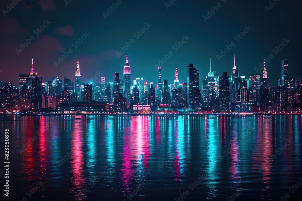 City skyline under neon night with river view, Glowing neon on city skyline with colorful clouds at night City skyline under neon night with river view, Glowing neon on city skyline with colorful clouds at night