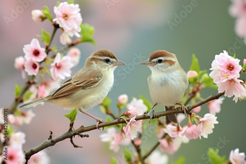 Chirpy birds on flowering branches, High quality birds photography on spring © SaroStock