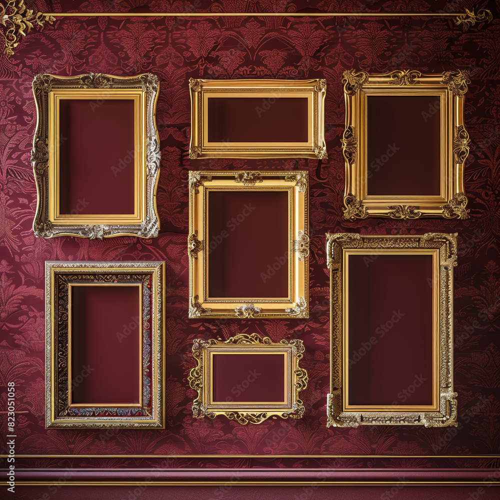 Crimson red wall gallery featuring classic gold blank frames, elegant and timeless. Crimson red wall gallery featuring classic gold blank frames, elegant and timeless.