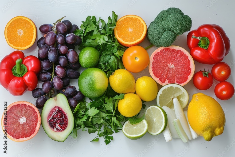 Create a flat lay of various fruits and vegetable Create a flat lay of various fruits and vegetable