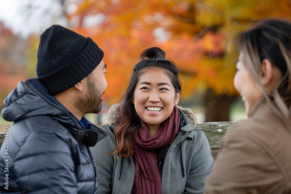 Happy asian couple with their daughter in the park in autumn. Happy asian couple with their daughter in the park in autumn.