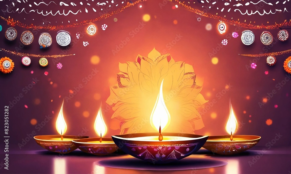Happy Diwali - Clay Diya lamps lit during Diwali, Hindu festival of lights celebration Happy Diwali - Clay Diya lamps lit during Diwali, Hindu festival of lights celebration