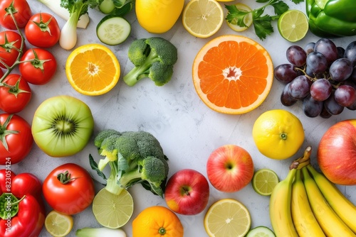 Create a flat lay of various fruits and vegetable