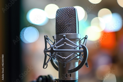 Engaging for podcast microphone with studio setup